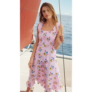 GANNI x Revolve Pink Floral Midi Dress – Size 36 / US Small –100% Organic Cotton